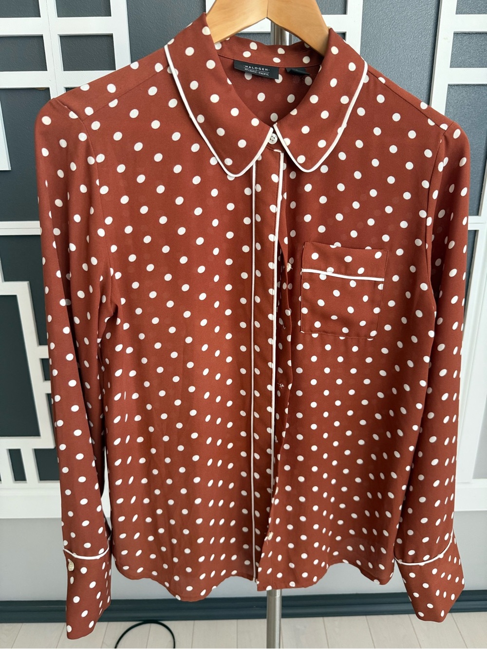 Halogen x Atlantic-Pacific Polka Dot Statement Blouse – Size Medium